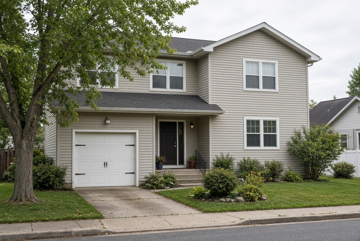 Slightly dated beige two-story suburban house with white garage and mature landscaping | TruAssign